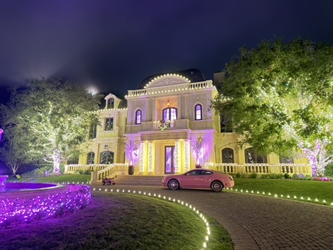 Estate entrance with warm-white roofline lights, illuminated trees and violet landscape lighting